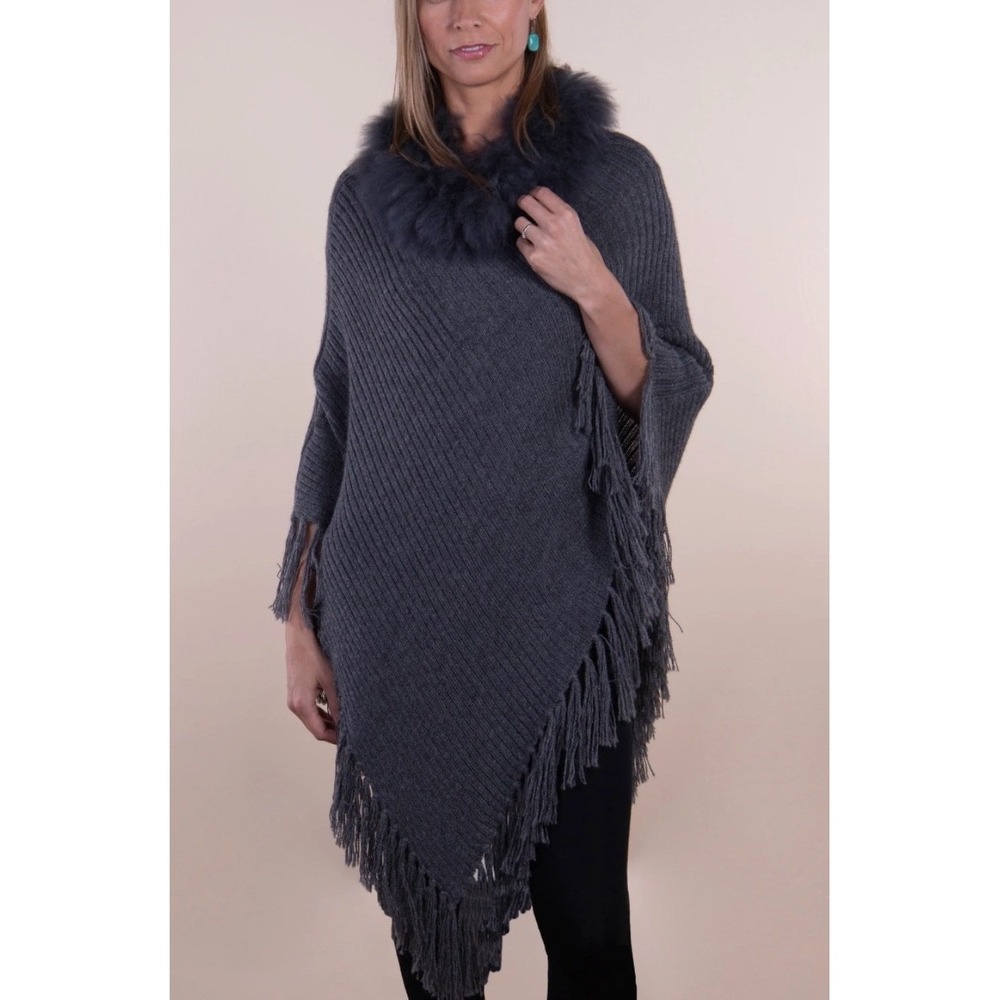 Simply Natural Baby Alpaca Maria Fur Poncho Gray Fringe Shawl Cape Women's OS